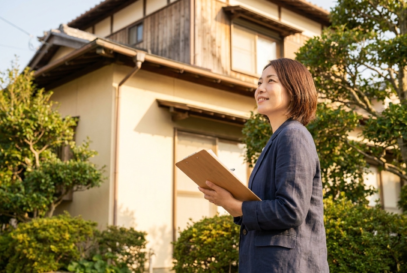 担当者が現地で建物と土地の状態を確認している様子